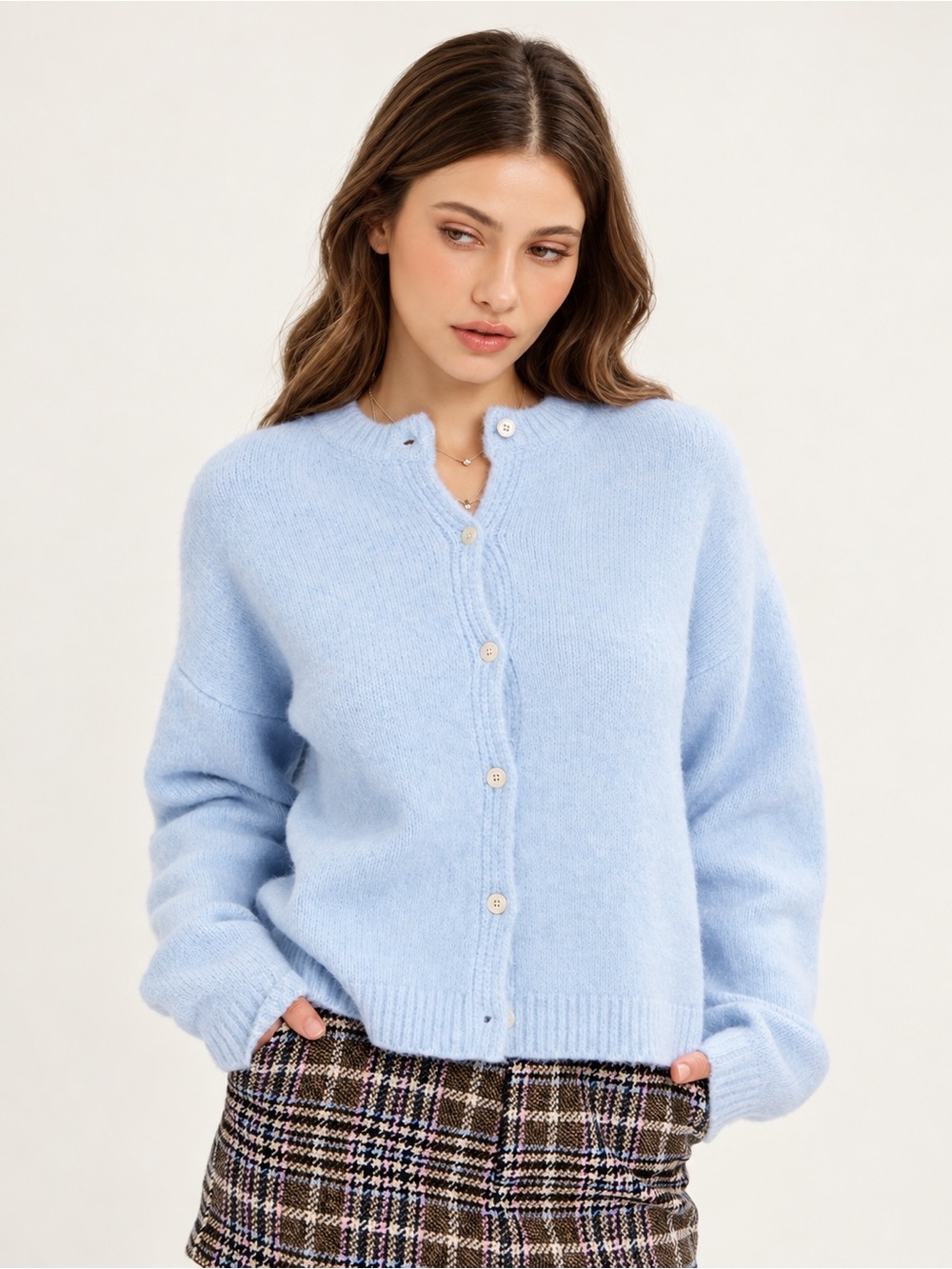 Women's Pastel Blue Button-Front Knit Cardigan